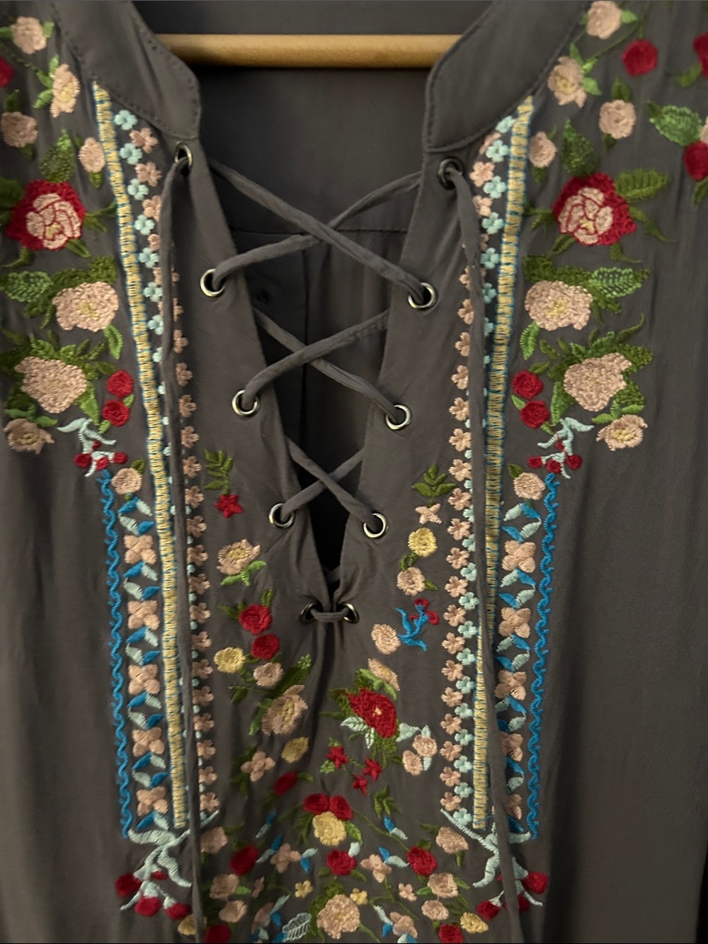 Gorgeous Embroidered Lace-Up Boho Top in Charcoal - Picture 3 of 6